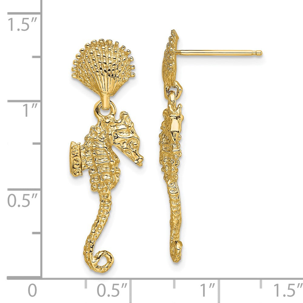 14k Yellow Gold 9 mm Shell & Seahorse Dangle Earrings (5.06 grams)