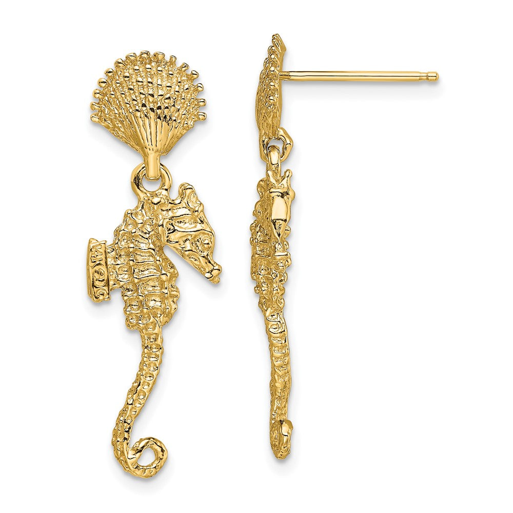 14k Yellow Gold 9 mm Shell & Seahorse Dangle Earrings (5.06 grams)
