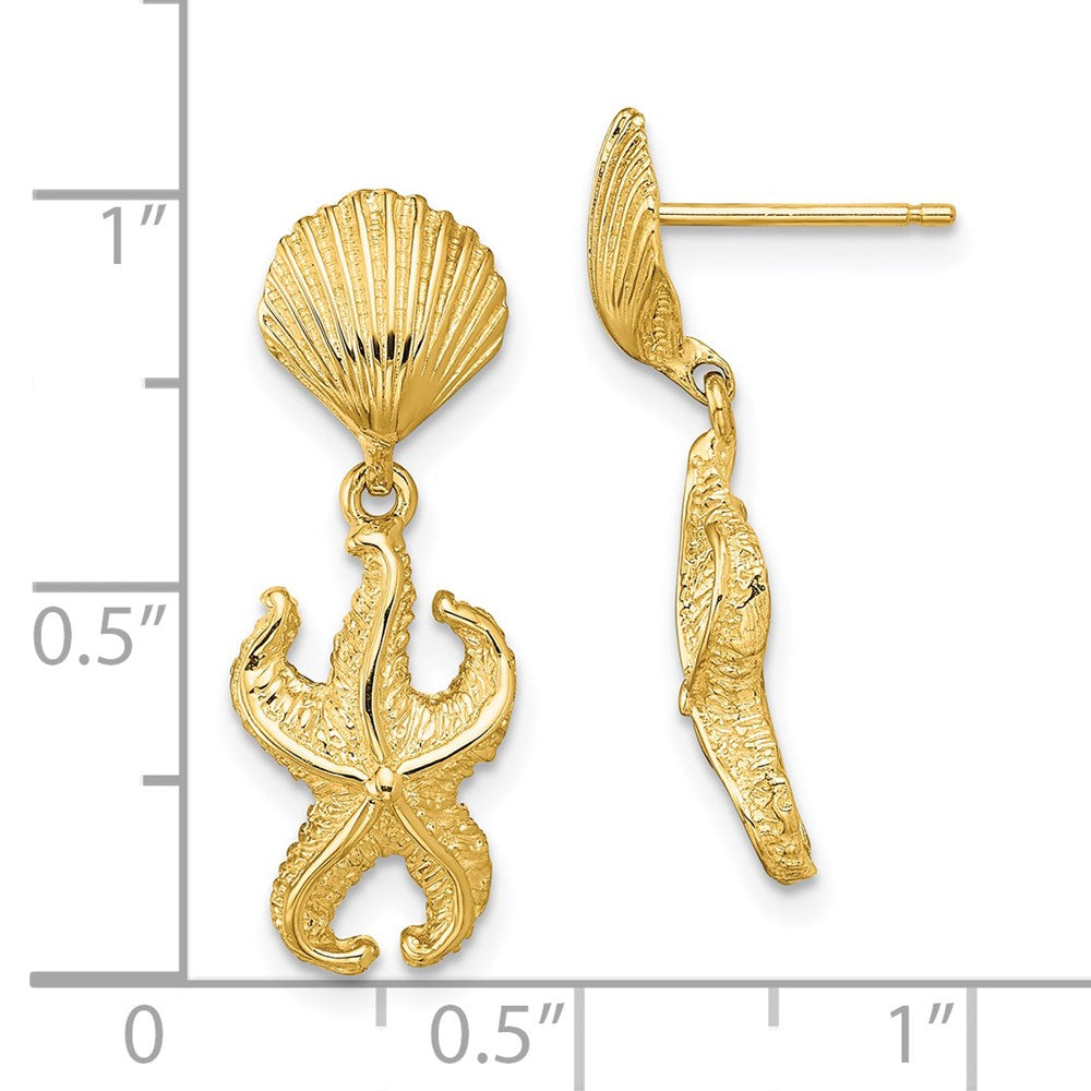 14k Yellow Gold 9.2 mm Shell/Starfish Dangle Earrings (2.57 grams)