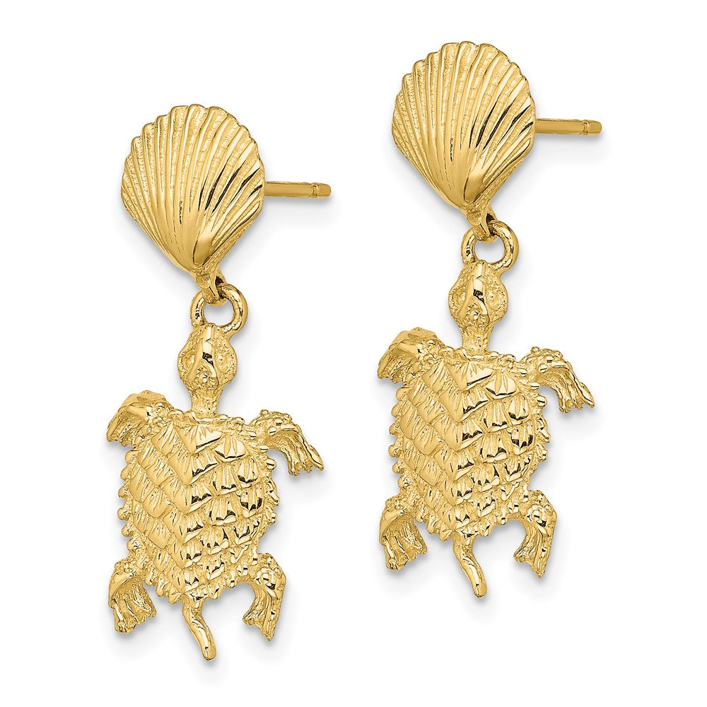 14k Yellow Gold 10.1 mm Shell and Sea Turtle Dangle Earrings (3.33 grams)
