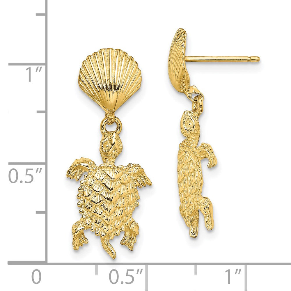 14k Yellow Gold 10.1 mm Shell and Sea Turtle Dangle Earrings (3.33 grams)