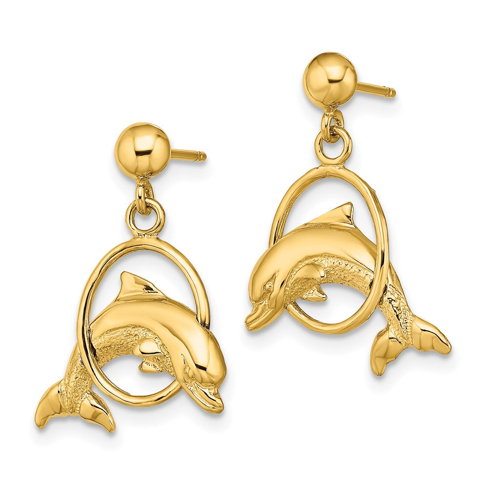 14k Yellow Gold 14.75 mm 2-D Polished Dolphin Jumping Through Hoop Earrings (2.93 grams)