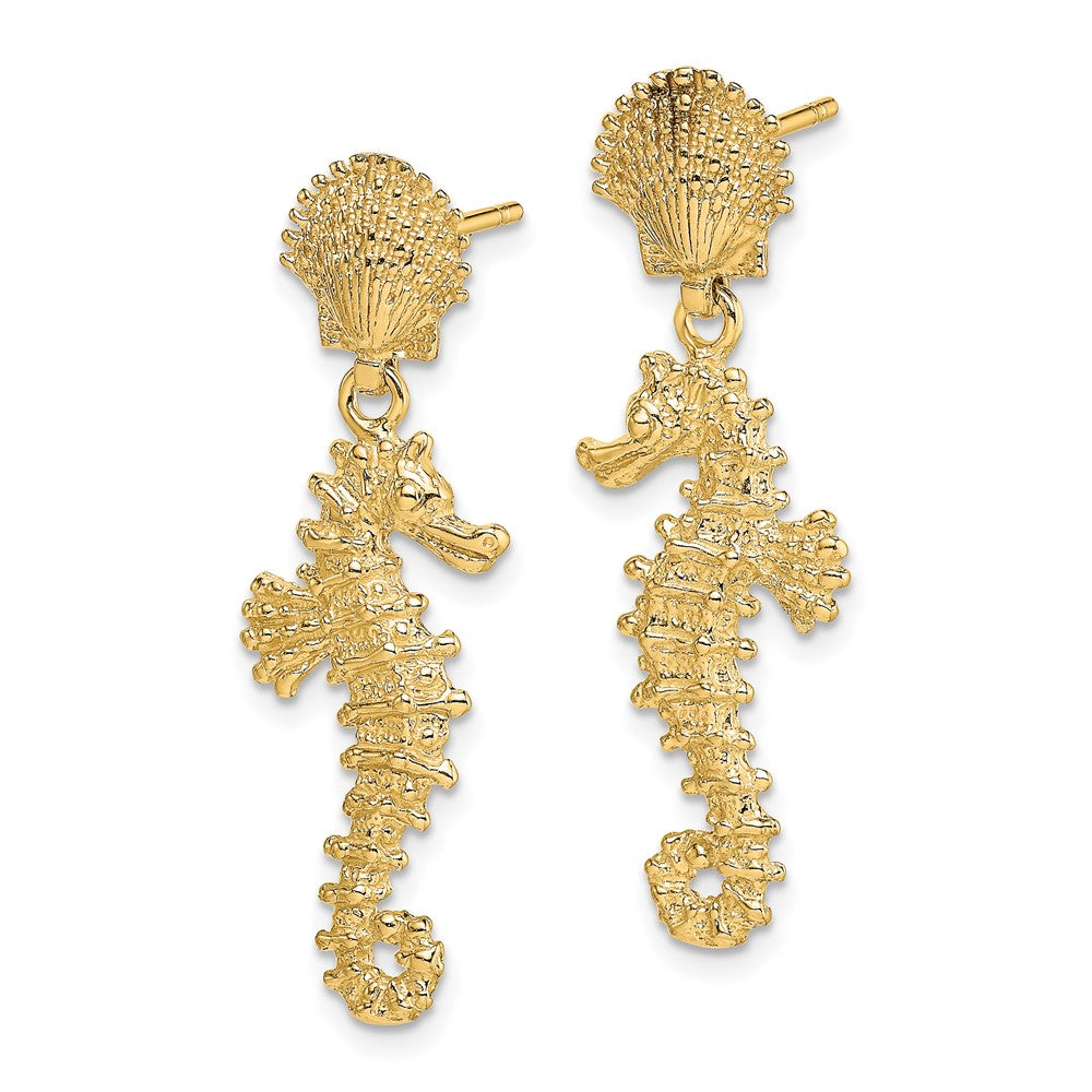 14k Yellow Gold 11.2 mm Seahorse Dangling From Shell Earrings (3.2 grams)
