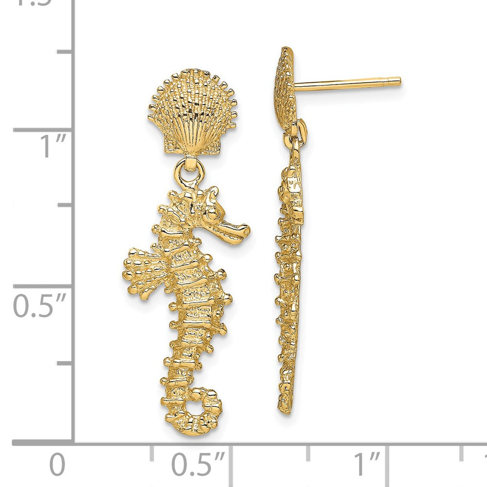 14k Yellow Gold 11.2 mm Seahorse Dangling From Shell Earrings (3.2 grams)