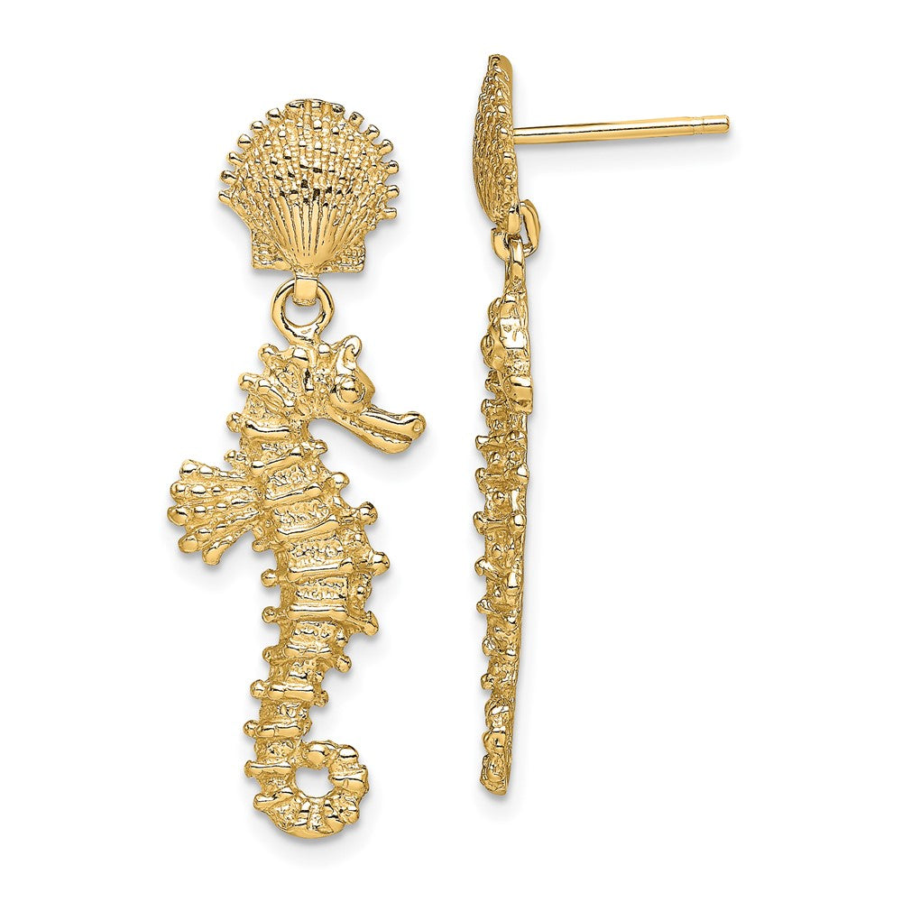 14k Yellow Gold 11.2 mm Seahorse Dangling From Shell Earrings (3.2 grams)