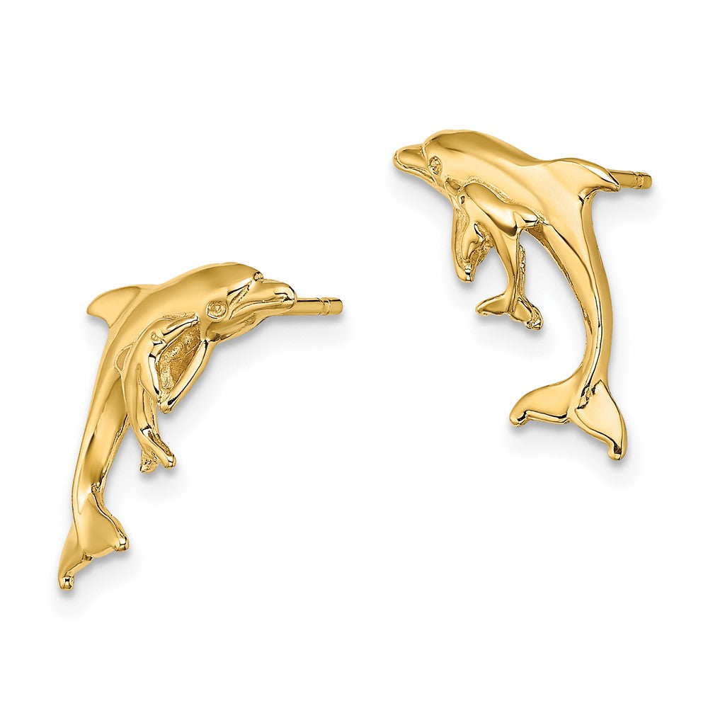 14k Yellow Gold 9.85 mm Polished Dolphin and Baby Post Earrings
