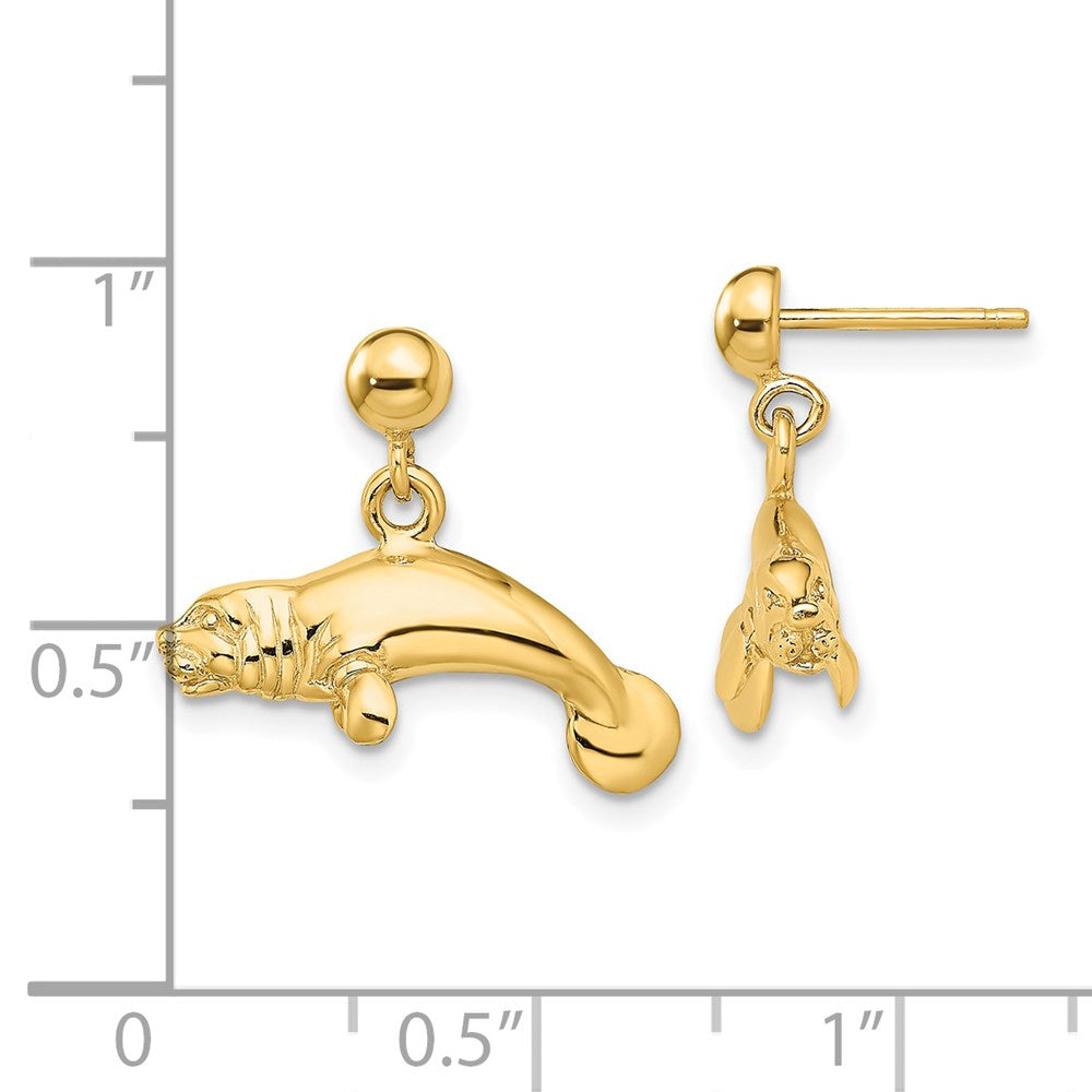 14k Yellow Gold 19.5 mm 3-D Polished Manatee Dangle Earrings (4.22 grams)