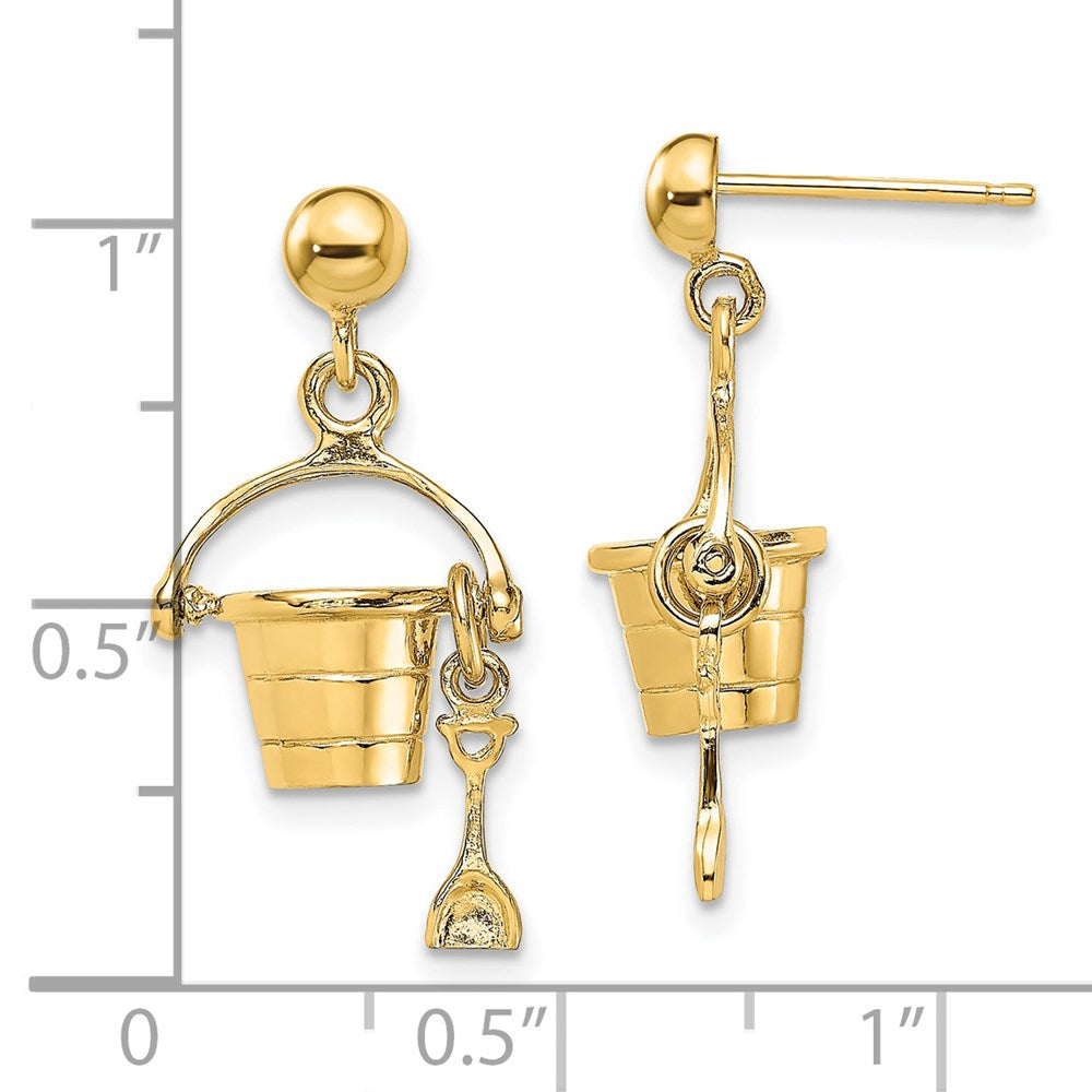 14k Yellow Gold 11.3 mm 3-D Beach Bucket w/ Shovel Dangle Earrings (3.31 grams)