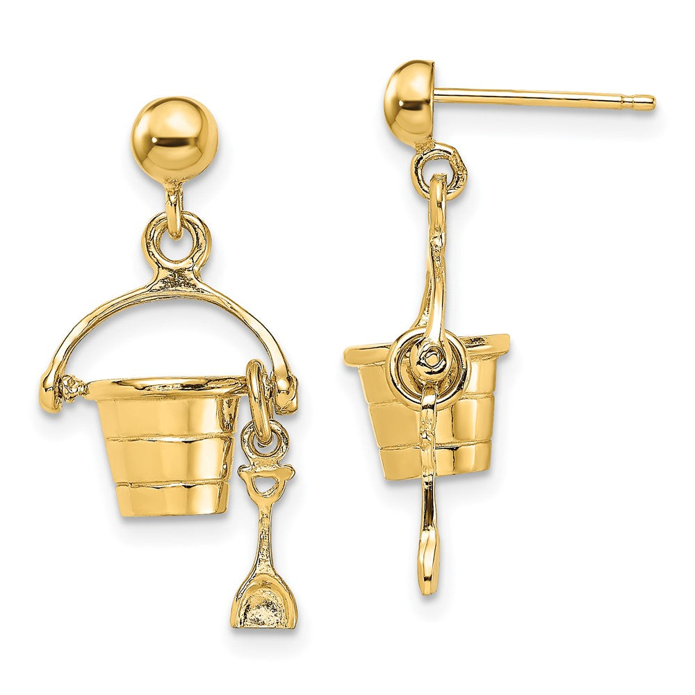 14k Yellow Gold 11.3 mm 3-D Beach Bucket w/ Shovel Dangle Earrings (3.31 grams)