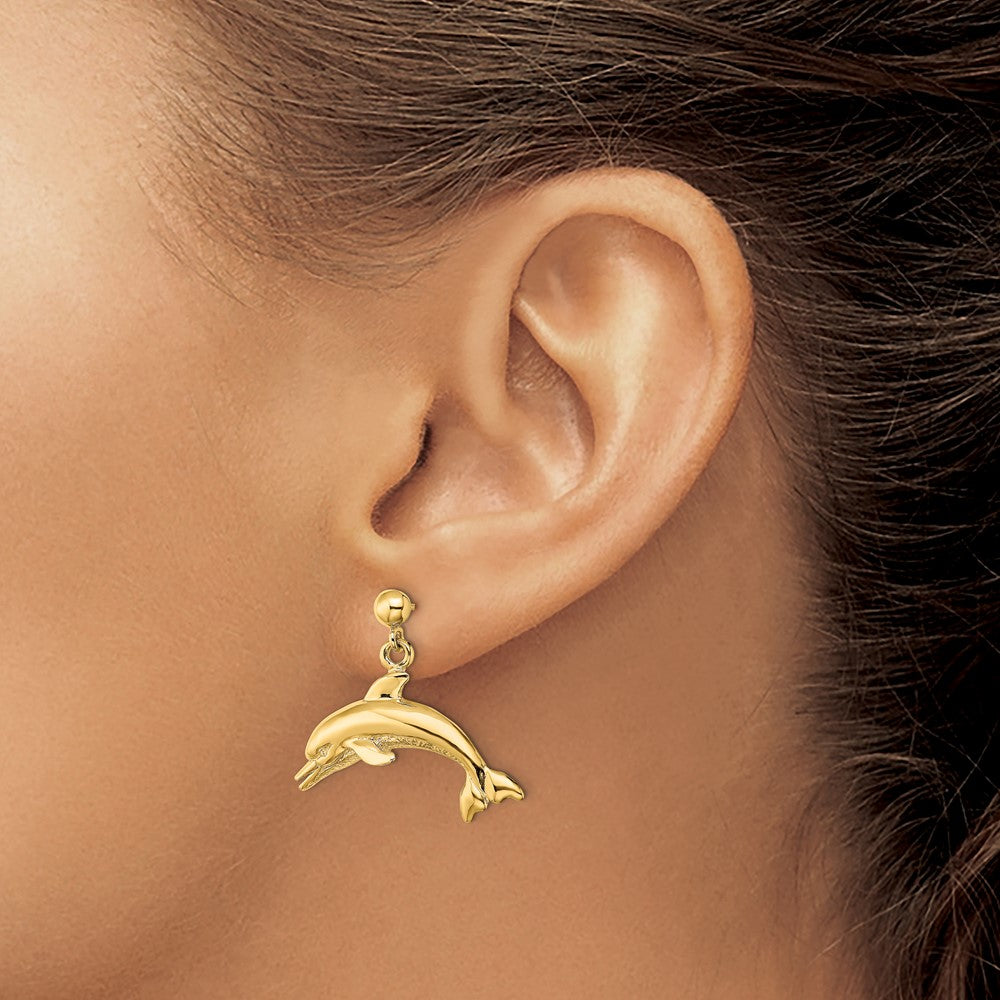 14k Yellow Gold 24.3 mm Jumping Dolphin Dangle Earrings (4.67 grams)