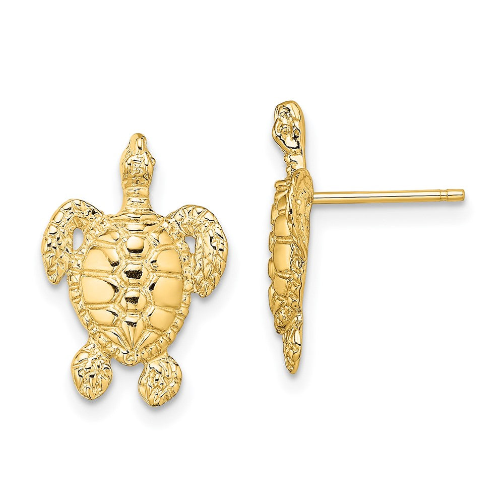 14k Yellow Gold 11.4 mm Polished and Textured Sea Turtle Post Earrings (2.57 grams)