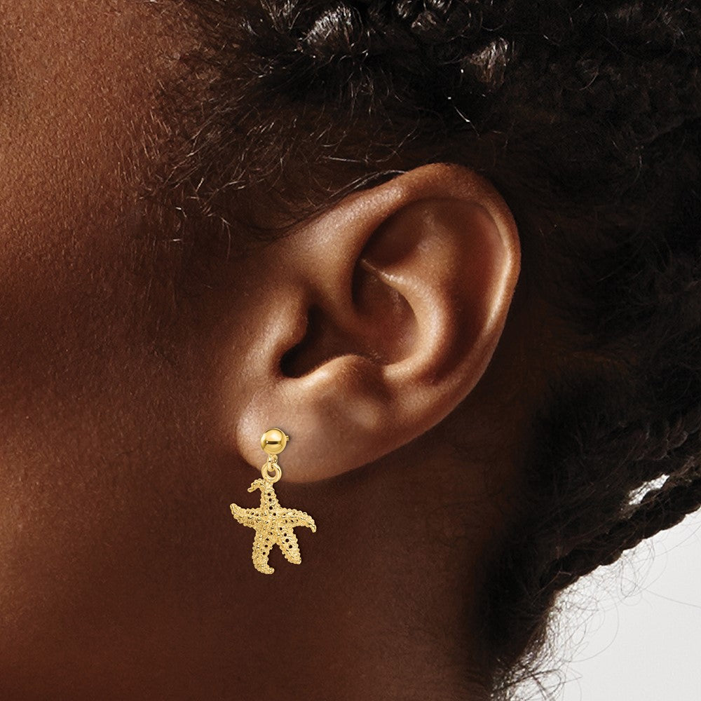 14k Yellow Gold 13.9 mm 3D Starfish Post Dangle Earrings (2.04 grams)