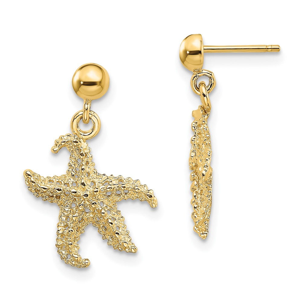 14k Yellow Gold 13.9 mm 3D Starfish Post Dangle Earrings (2.04 grams)