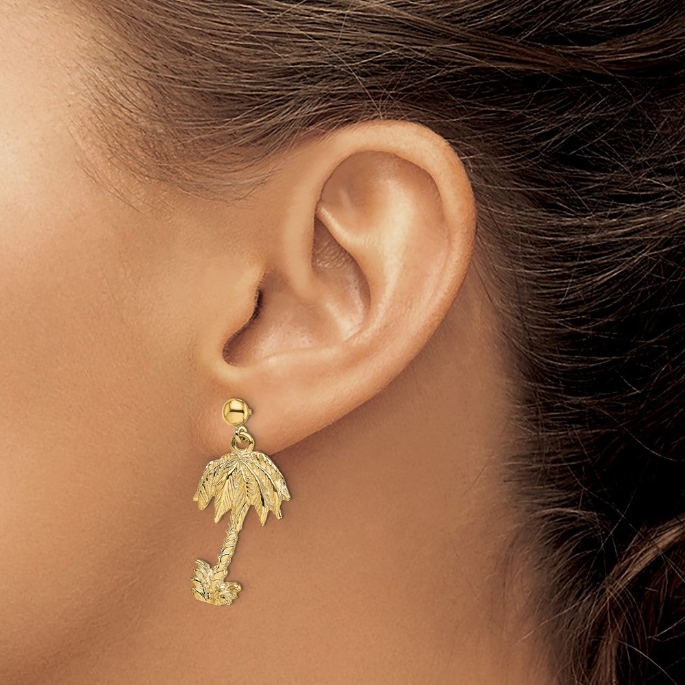 14k Yellow Gold 14.1 mm Palm Tree Post Dangle Earrings (4.41 grams)