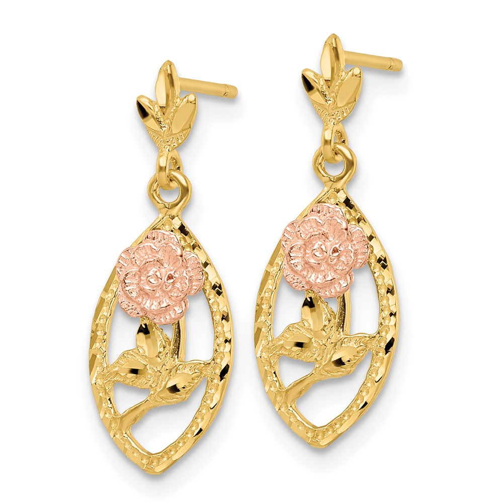 14k Two-tone 8.55 mm Textured Flower Post Dangle Earrings (1.75 grams)