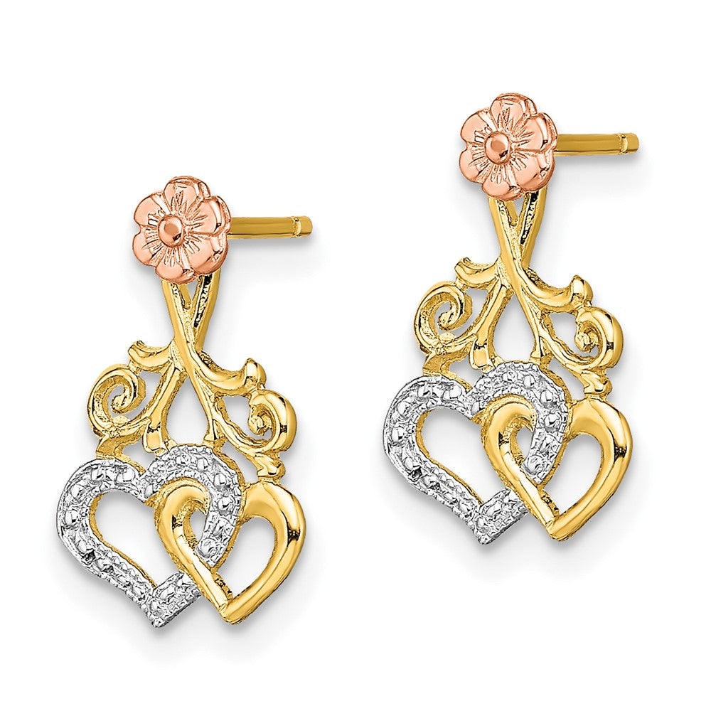 14k Two-tone 9 mm Hearts and Flower Post Earrings (1.22 grams)