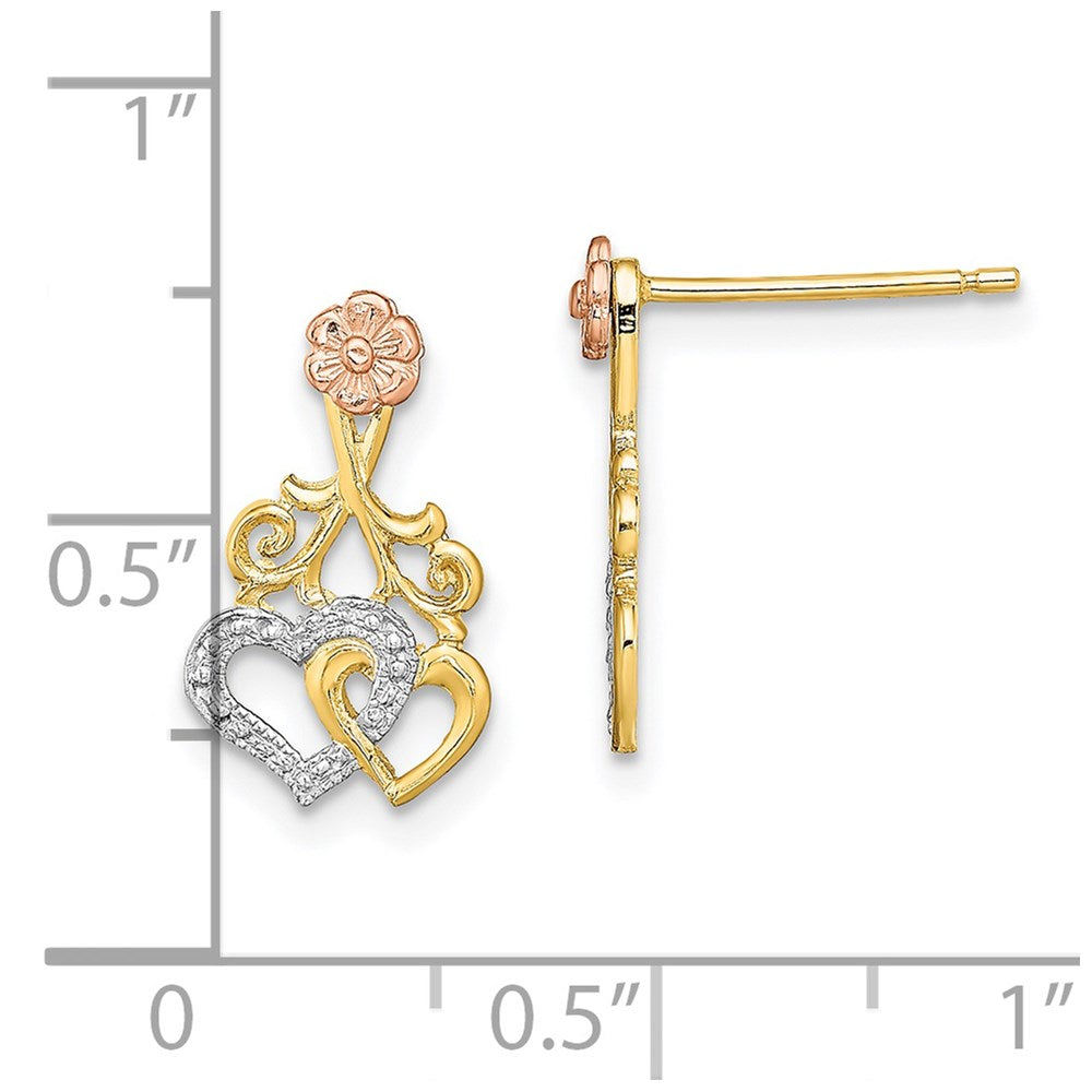 14k Two-tone 9 mm Hearts and Flower Post Earrings (1.22 grams)