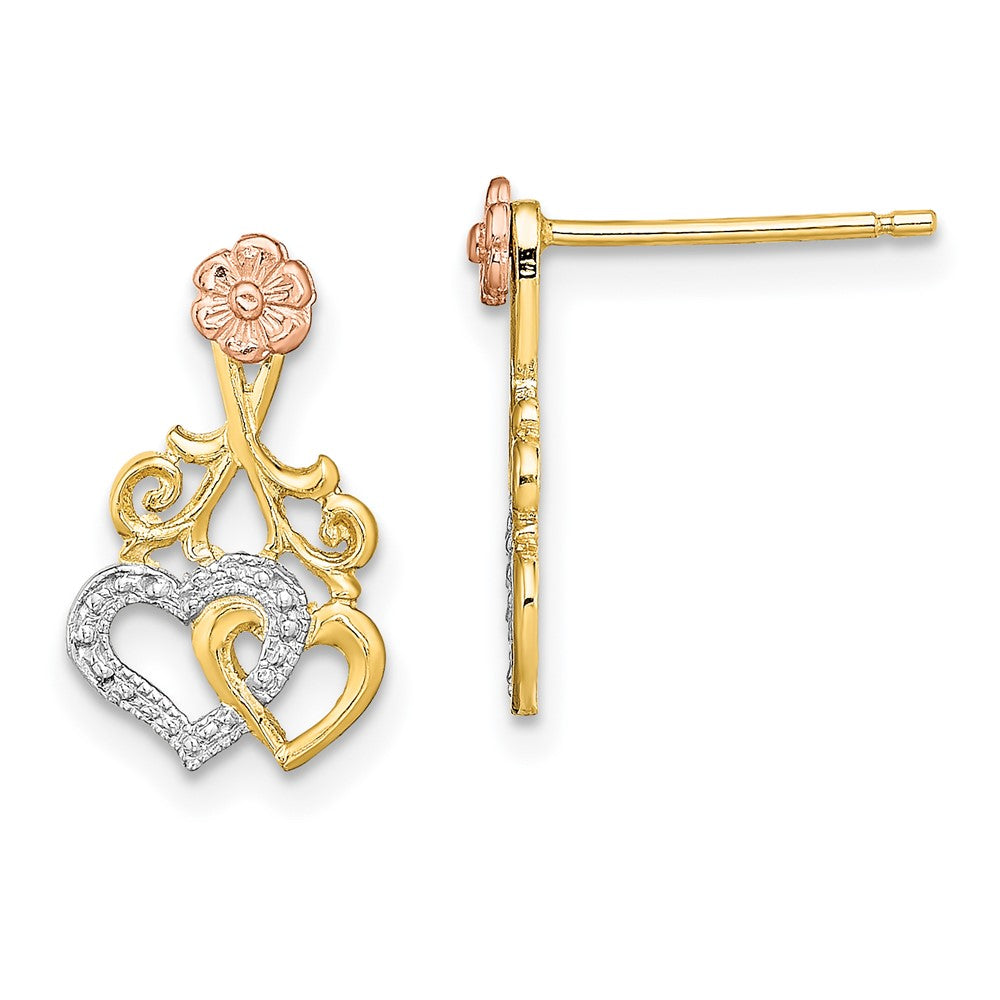 14k Two-tone 9 mm Hearts and Flower Post Earrings (1.22 grams)