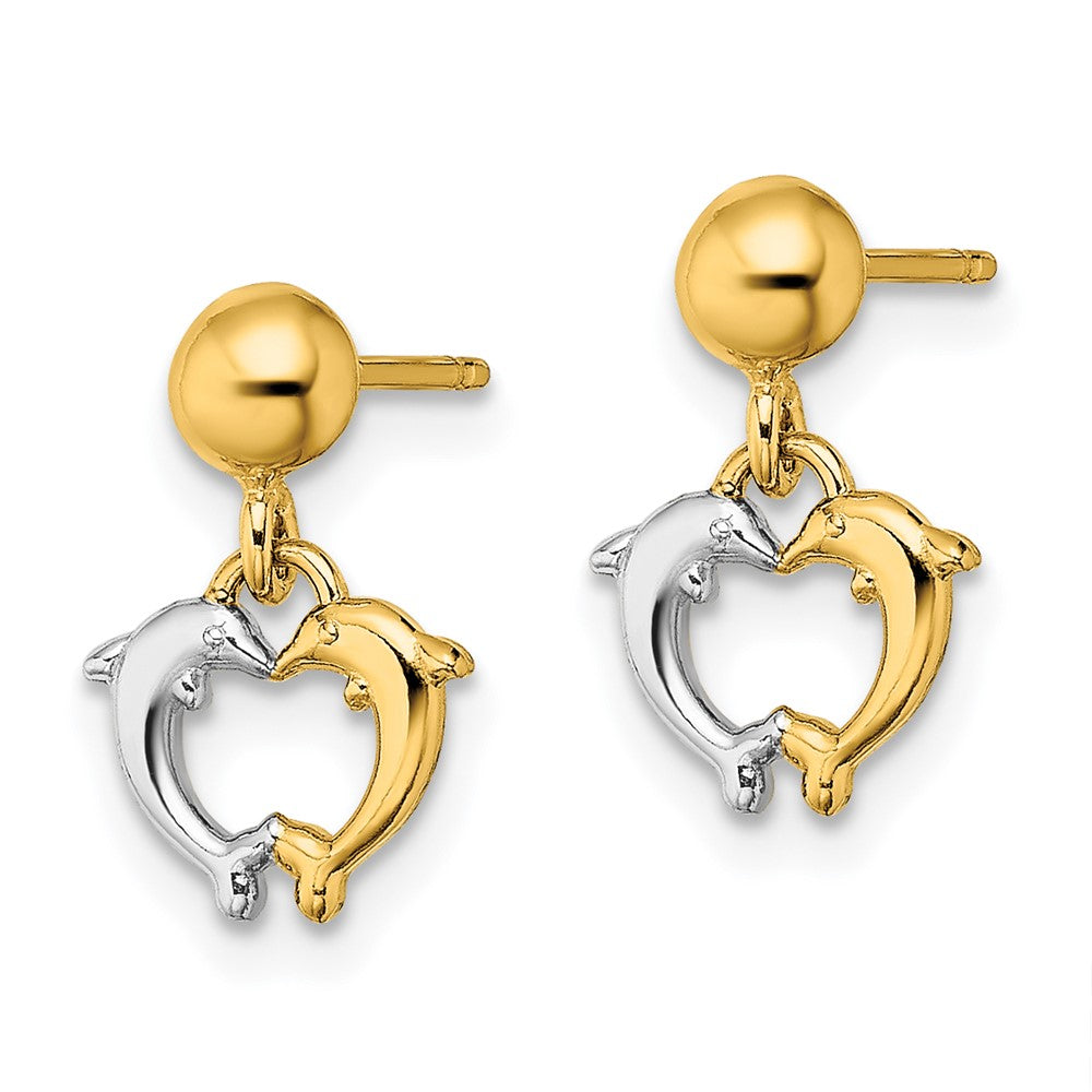 14k Yellow & Rhodium 7.6 mm Dolphin Dangle Earrings (1.37 grams)