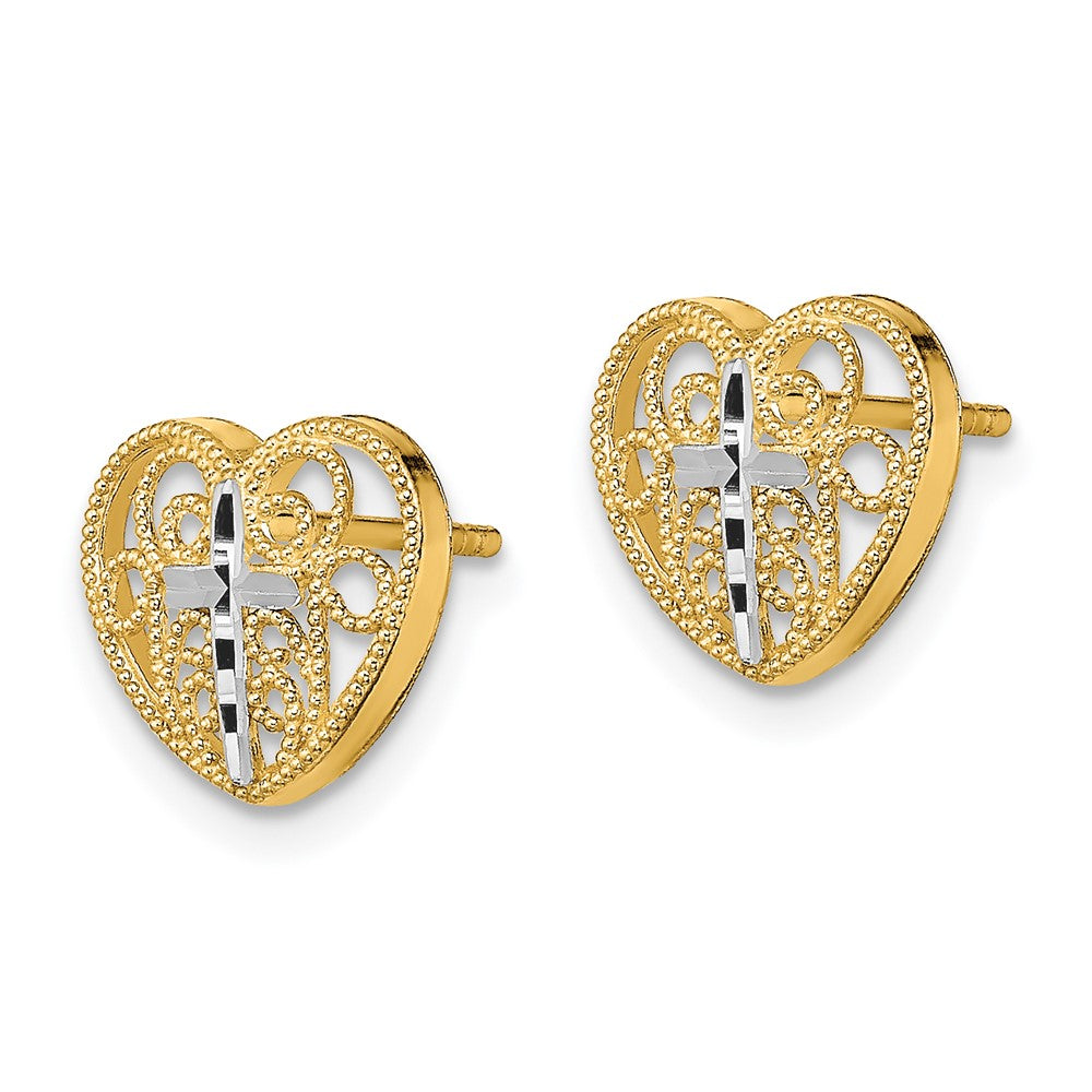 14K and White Rhodium Cross in Center Filigree Heart Post Earrings (1.08 grams)