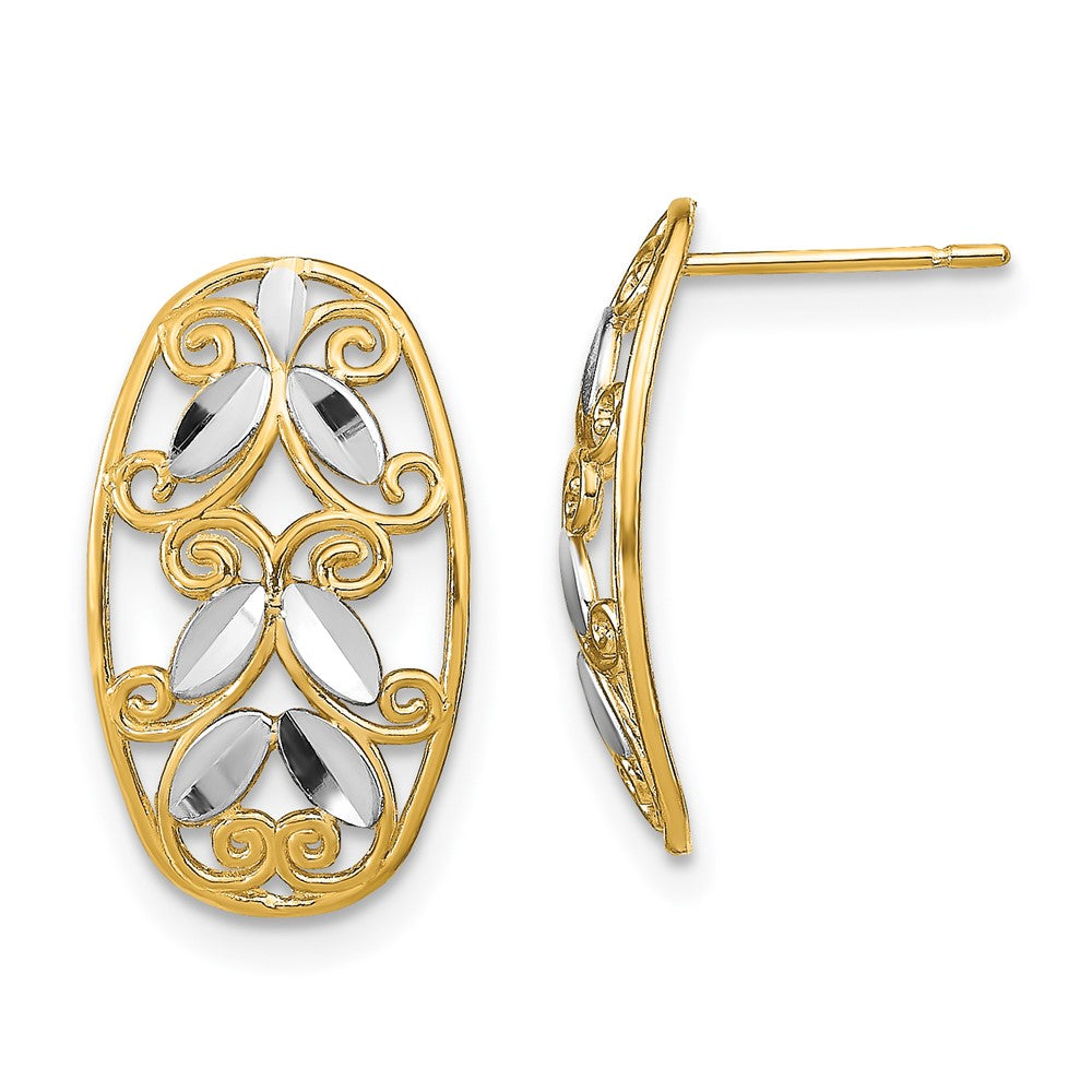 14k Yellow & Rhodium 10 mm Oval D/C Filigree Post Dangle Earrings (1.44 grams)