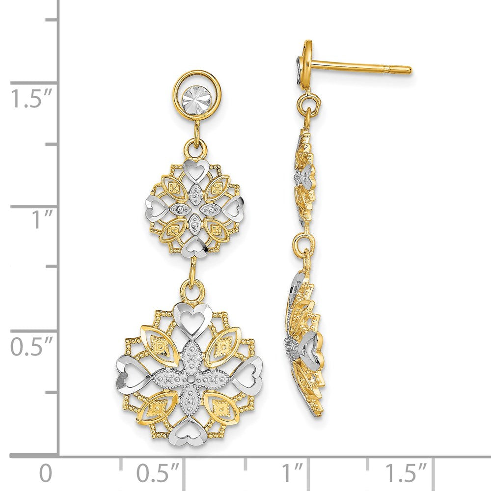 14k Yellow & Rhodium 15 mm D/C Flower & Heart Dangle Earrings (2.52 grams)