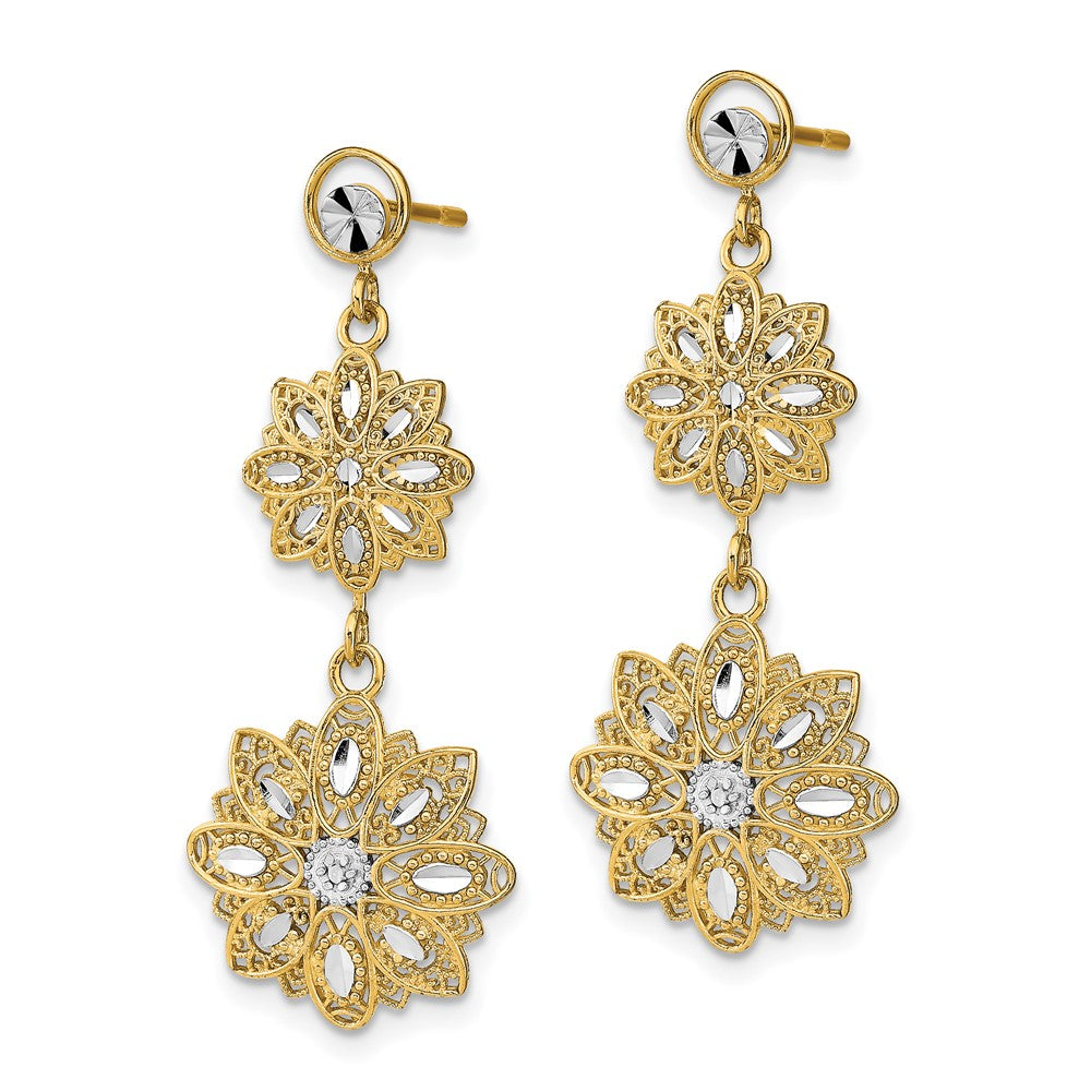 14k Yellow & Rhodium 14.5 mm D/C Filigree Floral Post Dangle Earrings (2.87 grams)