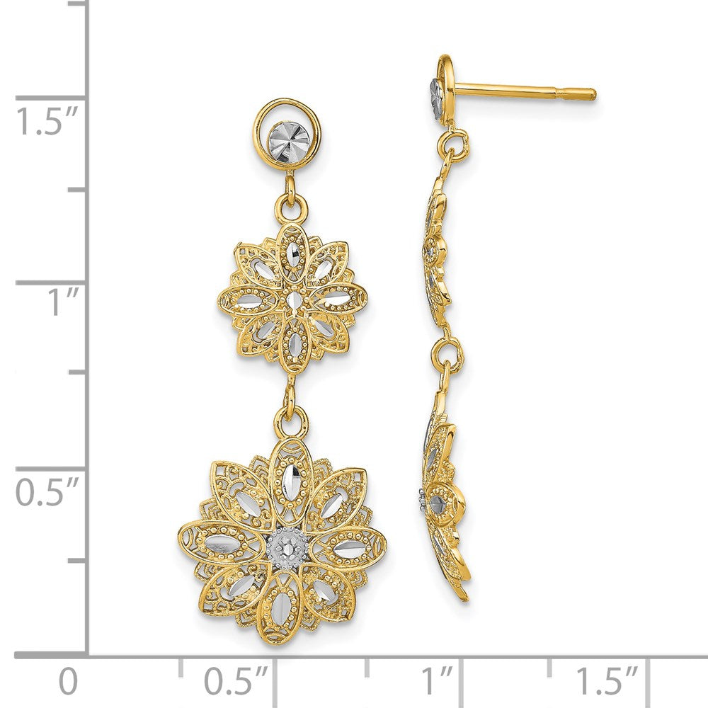 14k Yellow & Rhodium 14.5 mm D/C Filigree Floral Post Dangle Earrings (2.87 grams)