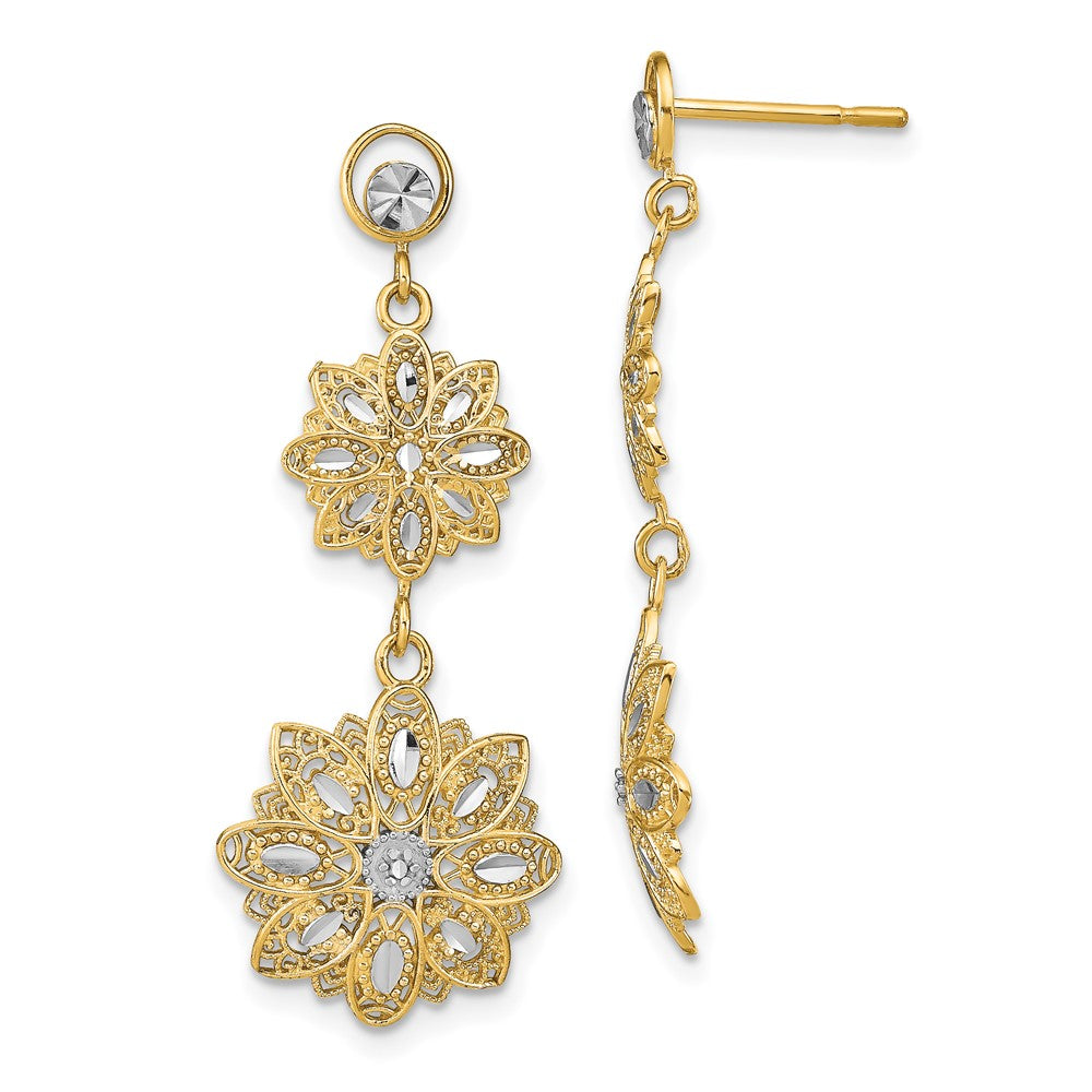 14k Yellow & Rhodium 14.5 mm D/C Filigree Floral Post Dangle Earrings (2.87 grams)