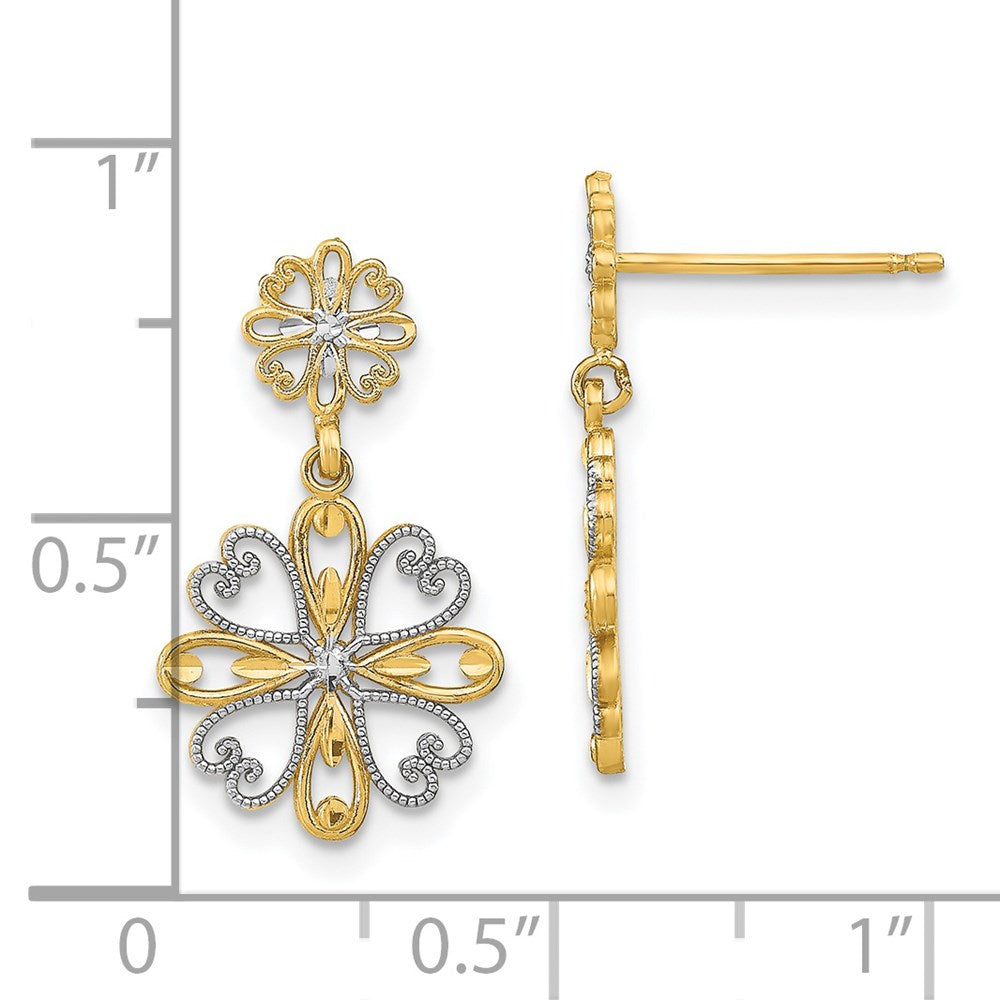 14k Yellow & Rhodium 11.5 mm Beaded Heart Petal Floral Dangle Earrings (1.62 grams)