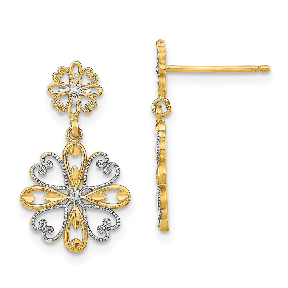 14k Yellow & Rhodium 11.5 mm Beaded Heart Petal Floral Dangle Earrings (1.62 grams)
