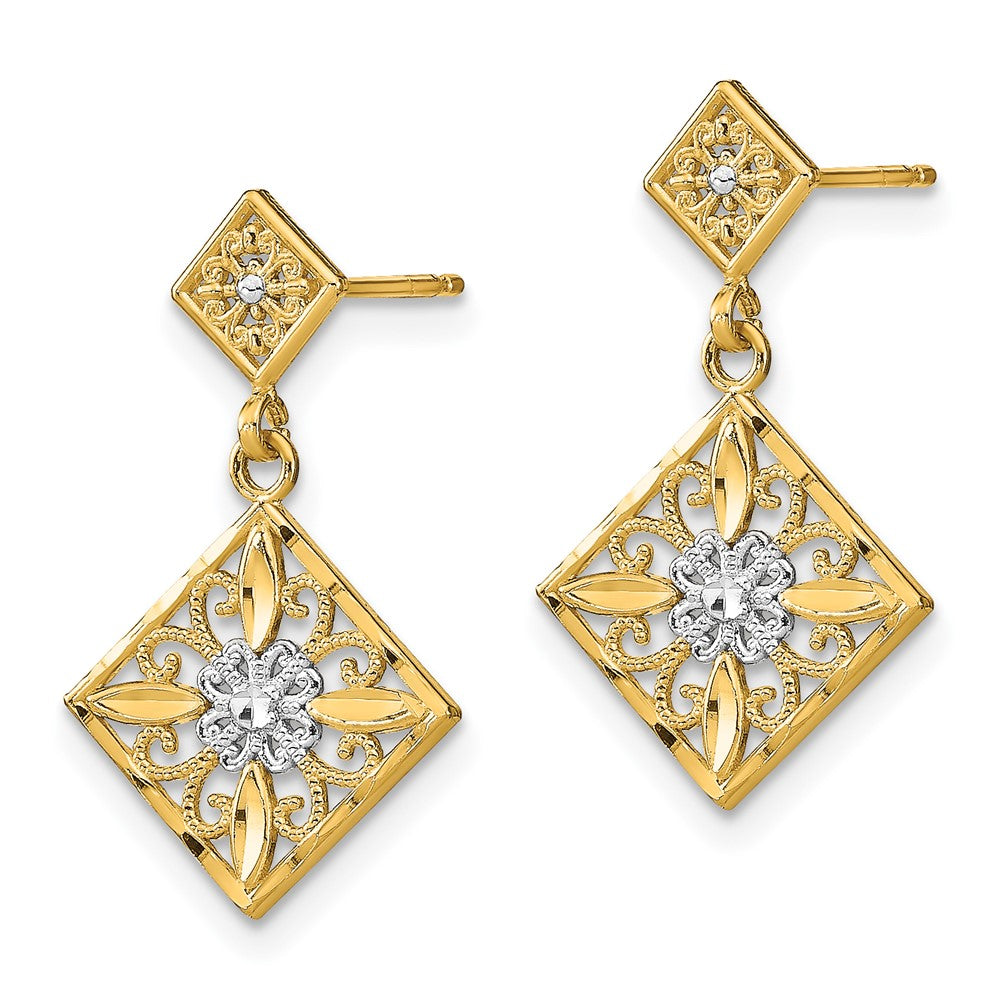14k Yellow & Rhodium 13 mm D/C Square Filigree Dangle Earrings (1.58 grams)