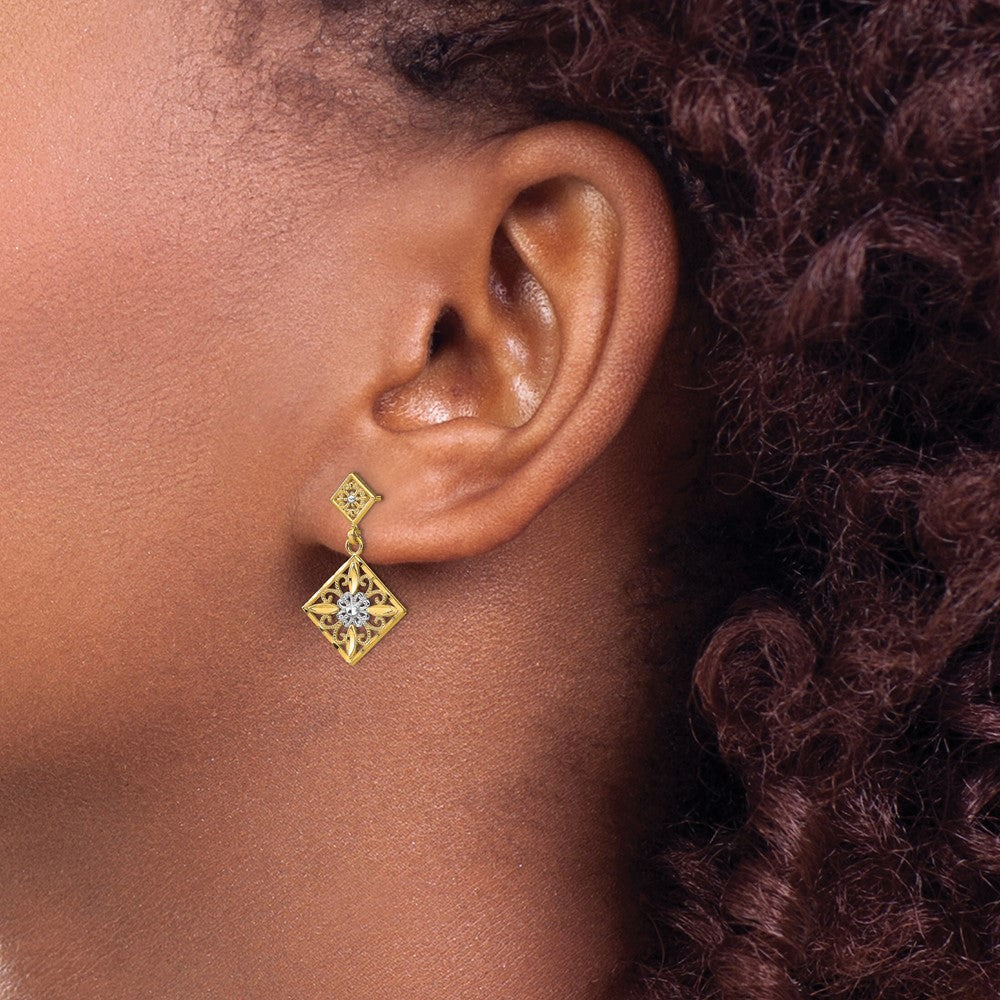 14k Yellow & Rhodium 13 mm D/C Square Filigree Dangle Earrings (1.58 grams)