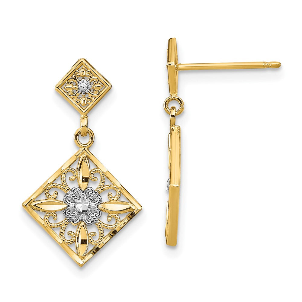 14k Yellow & Rhodium 13 mm D/C Square Filigree Dangle Earrings (1.58 grams)