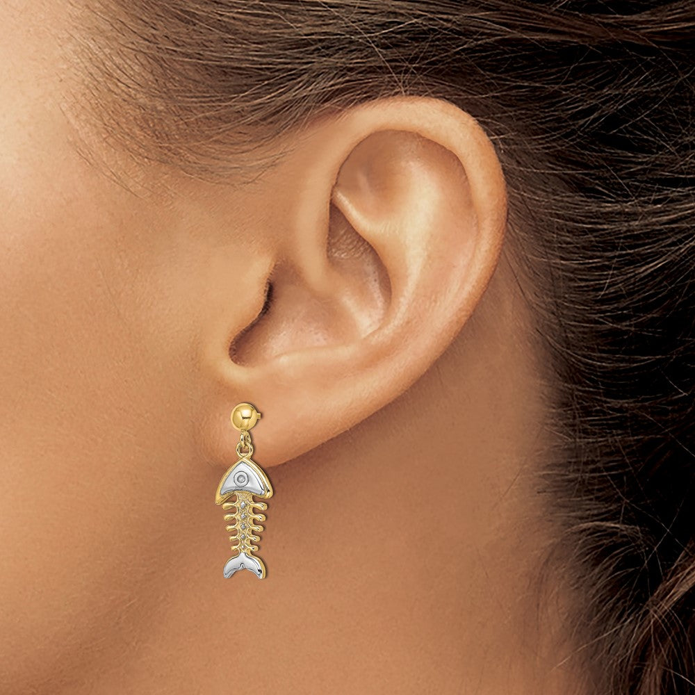 14k Yellow & Rhodium 8.7 mm Fishbone Dangle Earrings (3.59 grams)