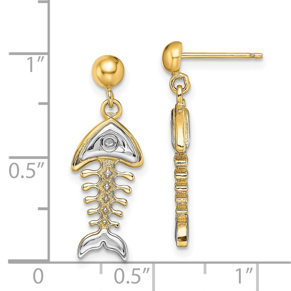 14k Yellow & Rhodium 8.7 mm Fishbone Dangle Earrings (3.59 grams)