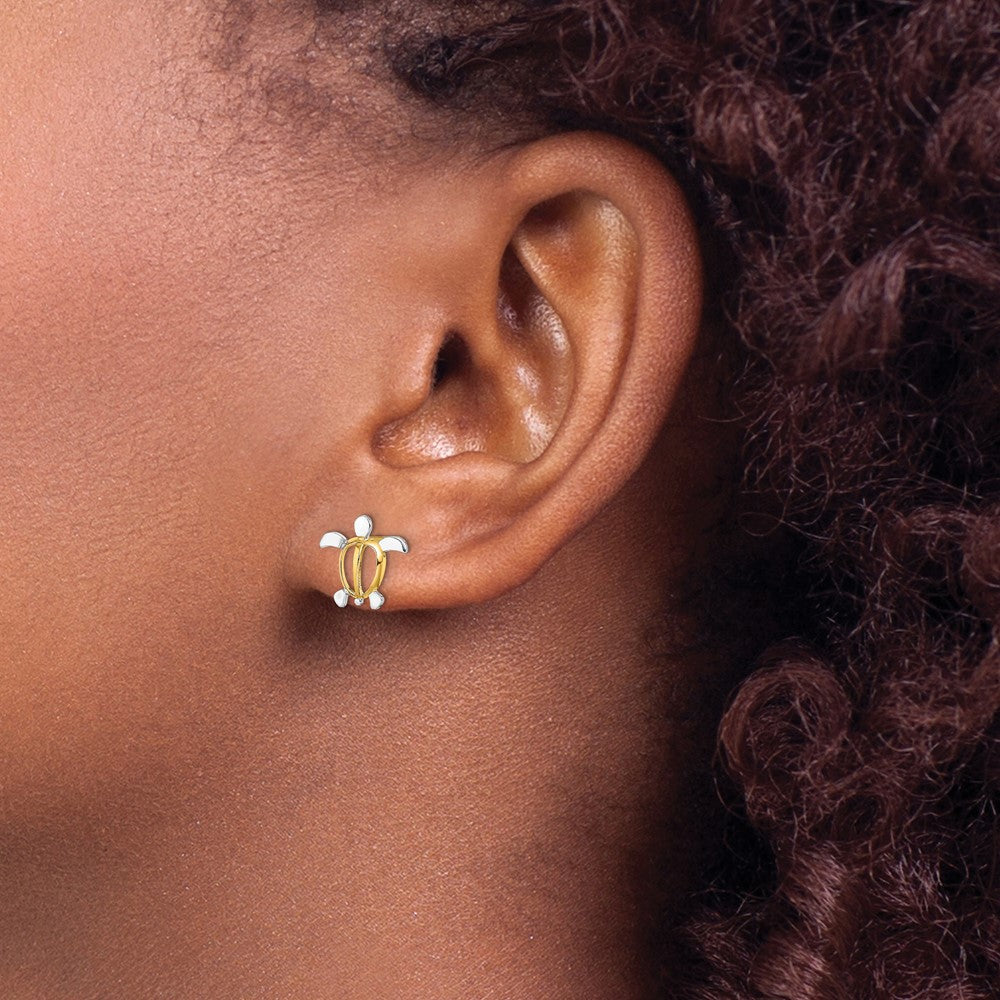 14k Yellow & Rhodium 10.75 mm Sea Turtle Post Earrings (0.77 grams)