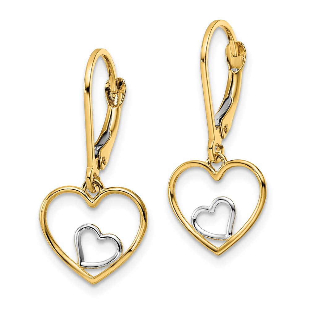 14k Yellow & Rhodium 12.25 mm Heart in Heart Leverback Dangle Earrings (1.35 grams)
