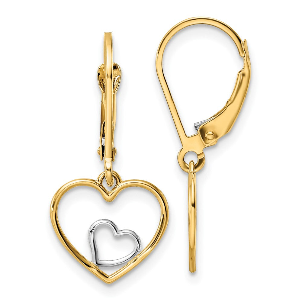14k Yellow & Rhodium 12.25 mm Heart in Heart Leverback Dangle Earrings (1.35 grams)