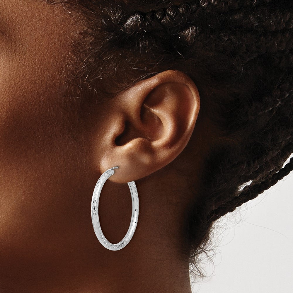 14k White Gold 35 mm Polished & D/C Endless Hoop Earrings (2.13 grams)