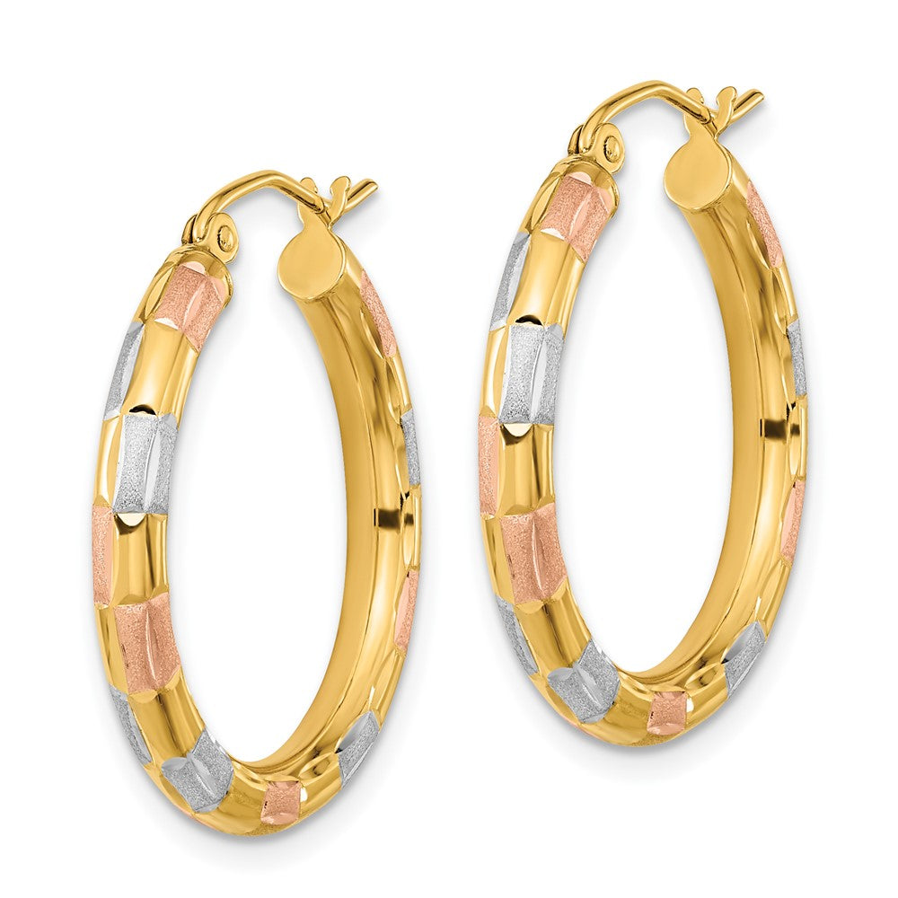 14k Yellow & Rhodium 24.86 mm Polished Satin Diamond-cut Hoop Earrings (1.89 grams)