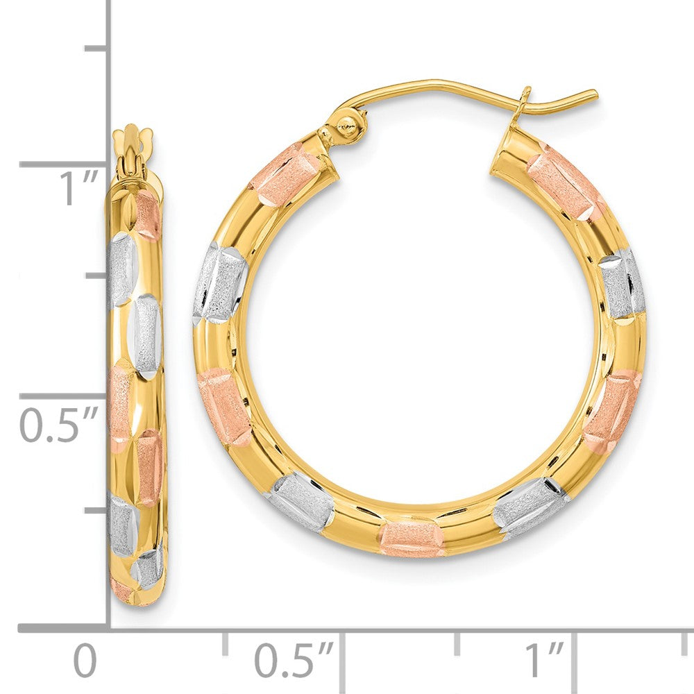14k Yellow & Rhodium 24.86 mm Polished Satin Diamond-cut Hoop Earrings (1.89 grams)