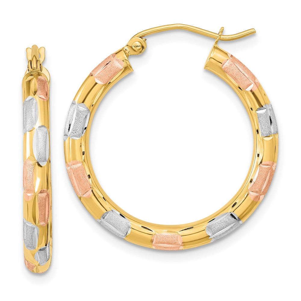 14k Yellow & Rhodium 24.86 mm Polished Satin Diamond-cut Hoop Earrings (1.89 grams)