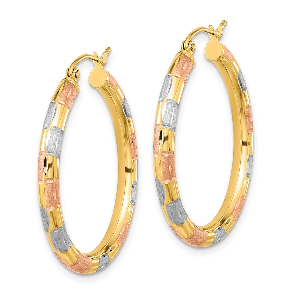 14k Yellow & Rhodium 30.96 mm Polished Satin Diamond-cut Hoop Earrings (2.23 grams)