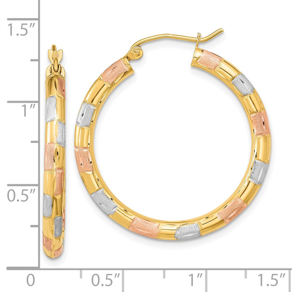 14k Yellow & Rhodium 30.96 mm Polished Satin Diamond-cut Hoop Earrings (2.23 grams)