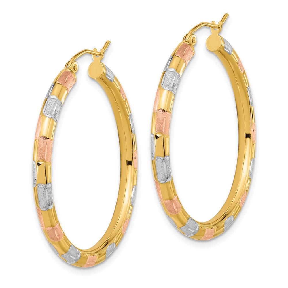 14k Yellow & Rhodium 34.94 mm Polished Satin Diamond-cut Hoop Earrings (2.72 grams)