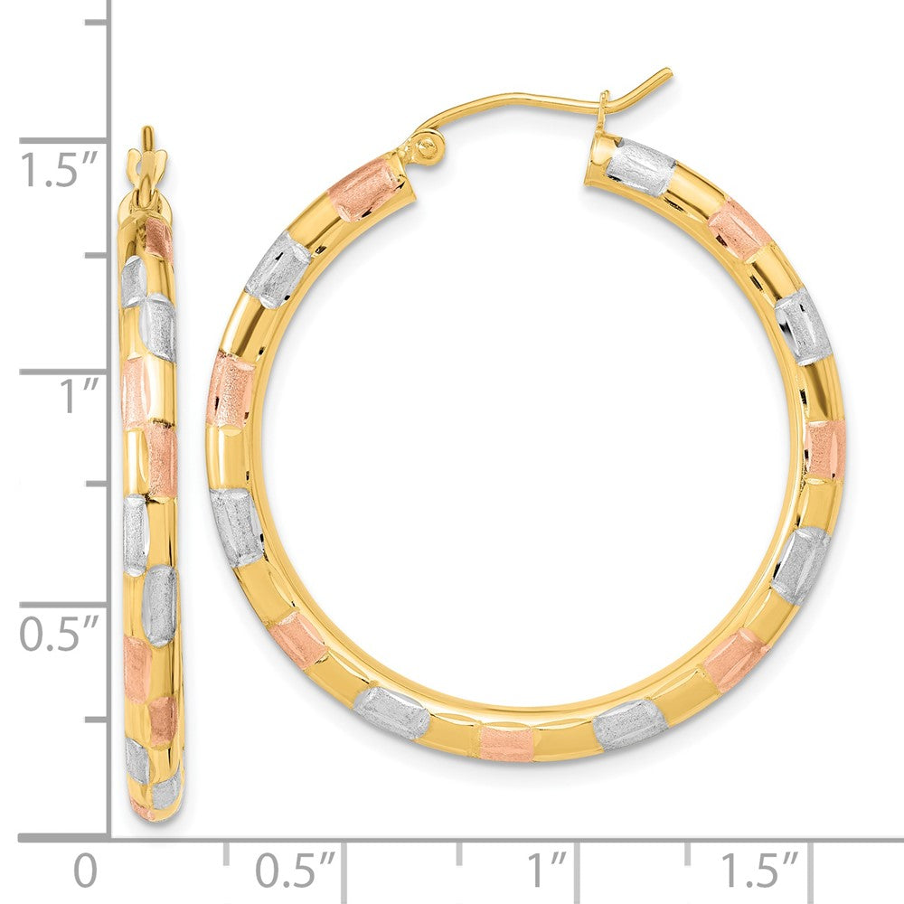 14k Yellow & Rhodium 34.94 mm Polished Satin Diamond-cut Hoop Earrings (2.72 grams)