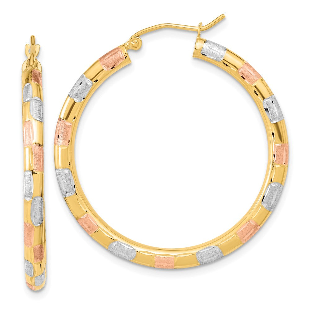 14k Yellow & Rhodium 34.94 mm Polished Satin Diamond-cut Hoop Earrings (2.72 grams)