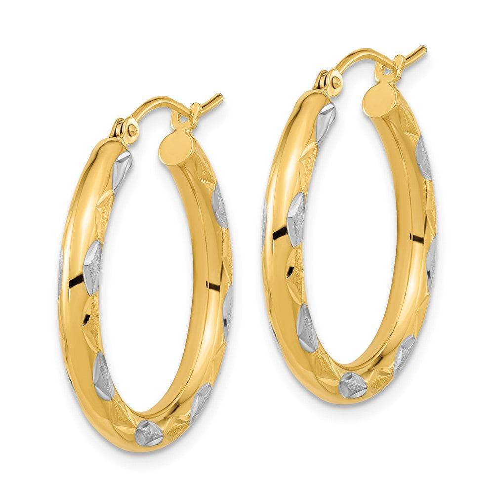 14k Yellow & Rhodium 24.93 mm Polished Satin and Diamond-cut Hoop Earrings (2.09 grams)