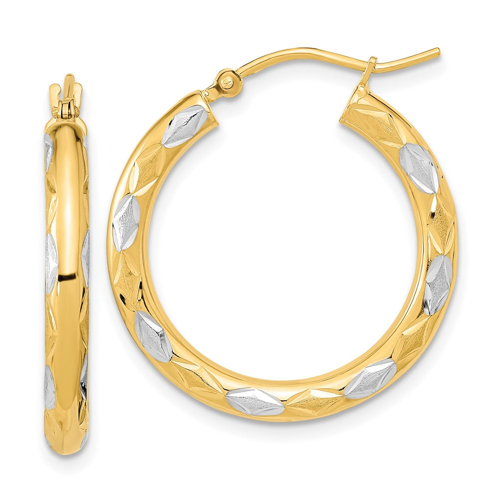 14k Yellow & Rhodium 24.93 mm Polished Satin and Diamond-cut Hoop Earrings (2.09 grams)